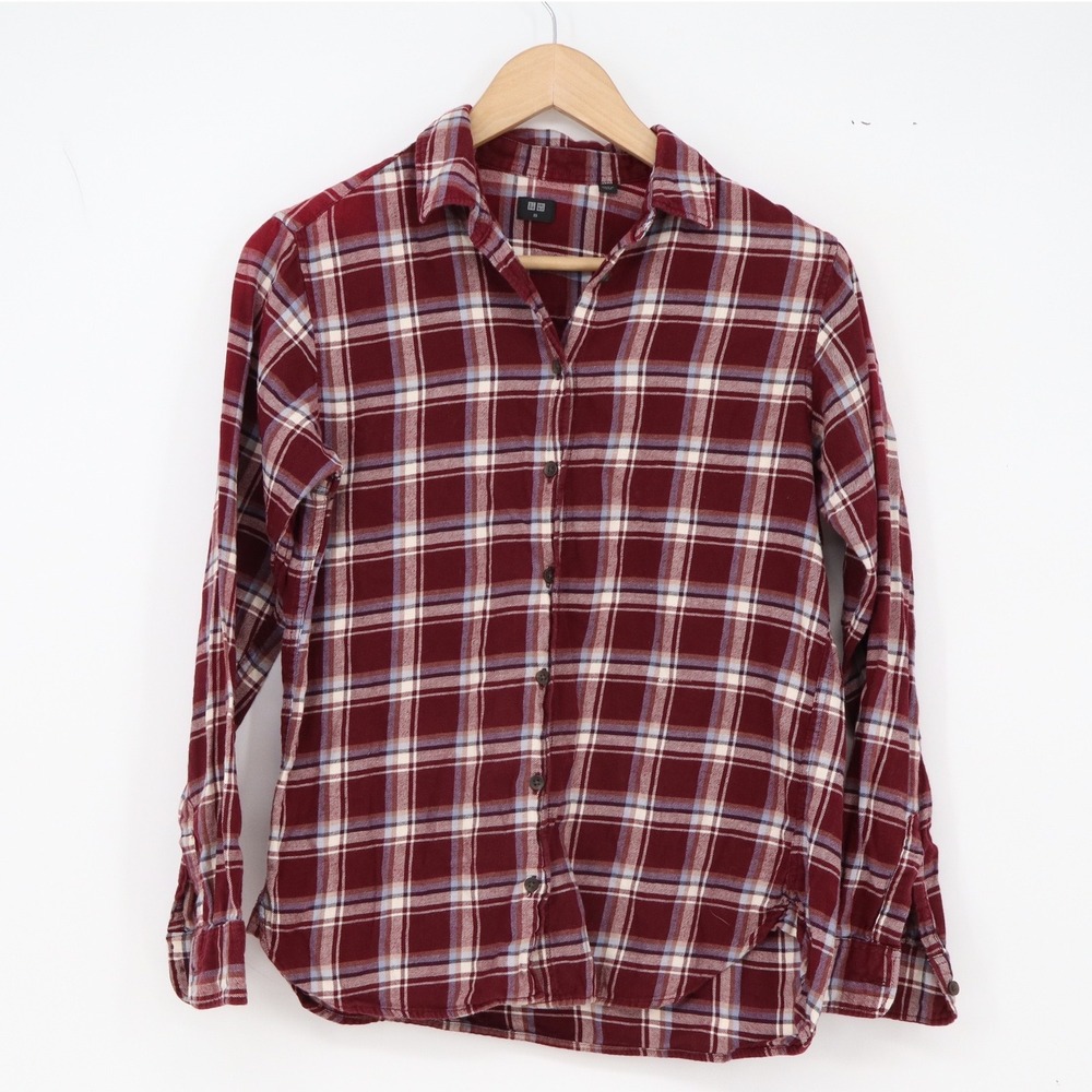 Uniqlo Flannel Shirt Womens XS Burgundy Plaid Button-Down Excellent